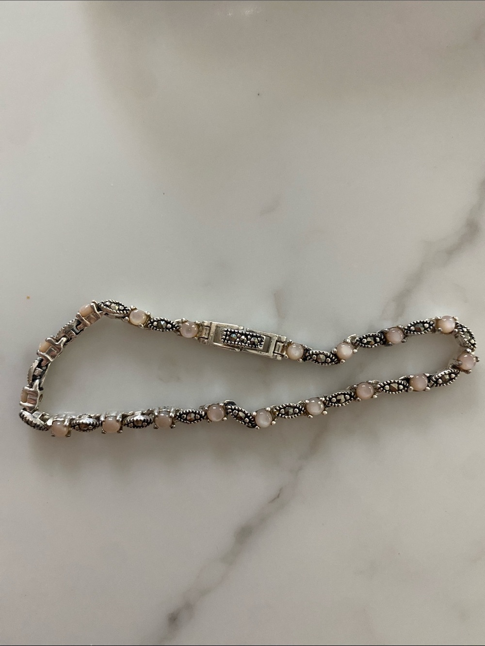 Sterling Silver and Marcasite and Mother of Pearl Tennis Bracelet - Picture 2 of 3